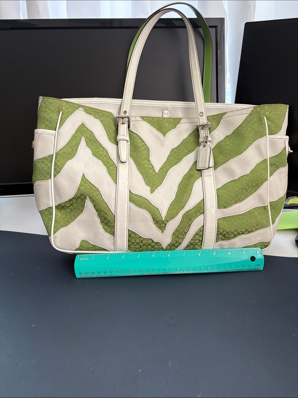 Coach Olive and Chalk Signature Zebra-Stripe Tote